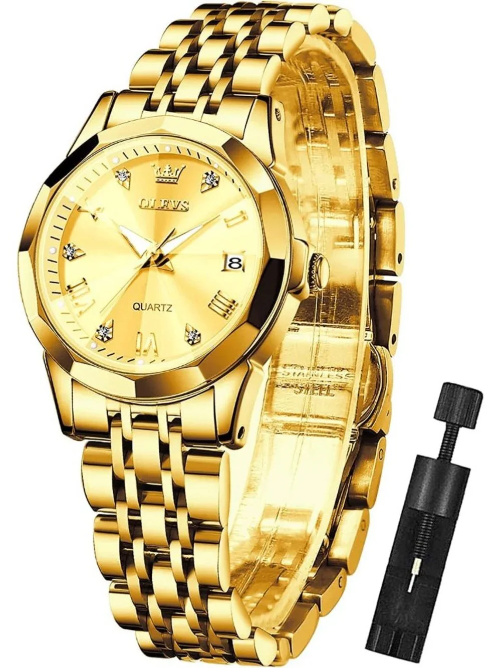 Women's Black Gold Diamond Analog Stainless Steel Waterproof Date Wrist Watch